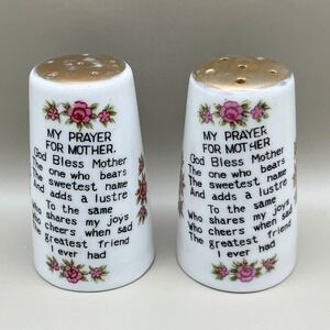 Vtg‎ Porcelain Brinn's Prayer for Mother Salt & Pepper Shakers Floral Gold 3"